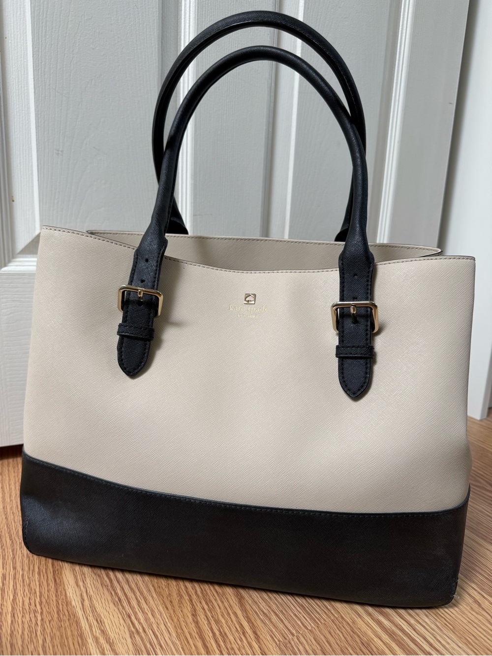 kate spade Cream and Black Saffiano Leather Tote